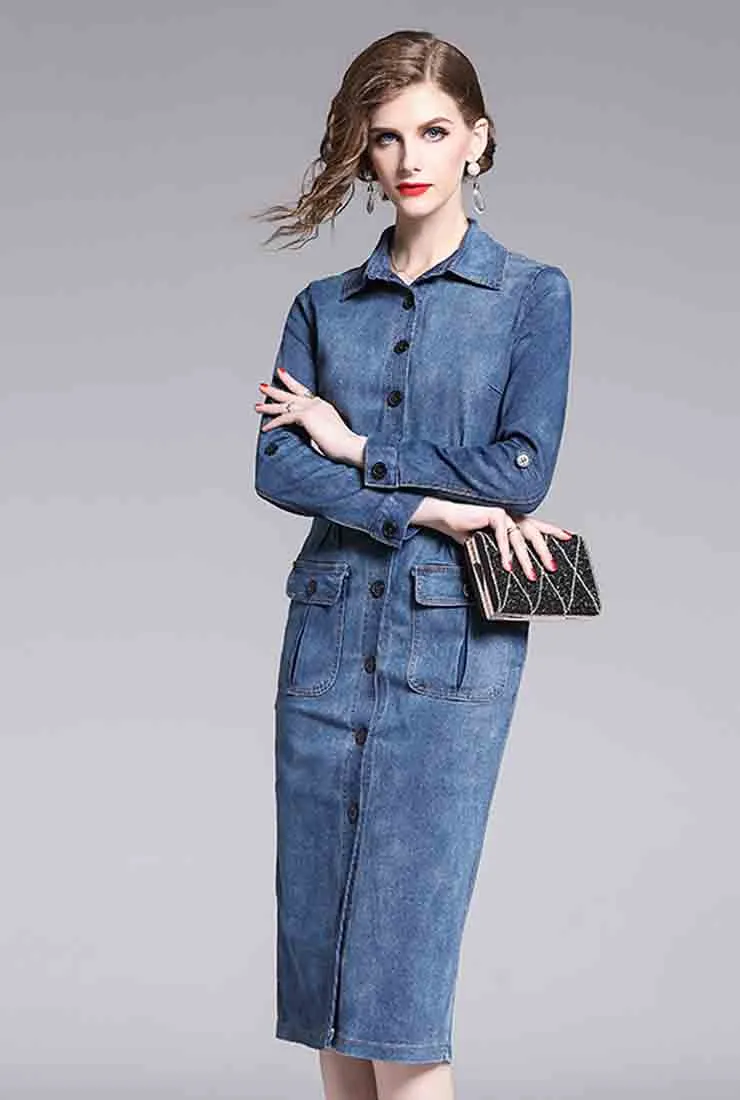 Denim Single-breasted Bodycon Midi Dress