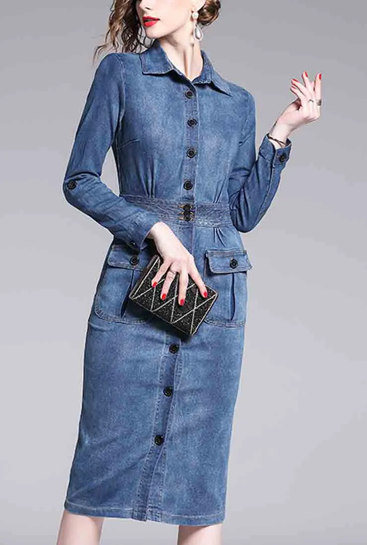Denim Single-breasted Bodycon Midi Dress