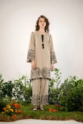 ELEGANT BEIGE FLORAL EMBROIDERED CO-ORD SET