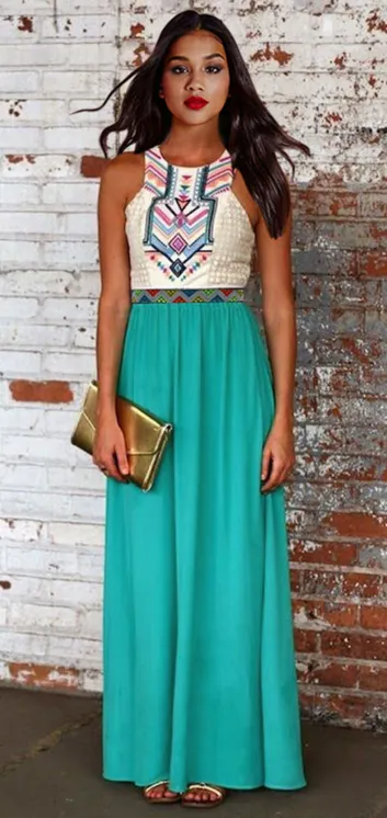 Fashion Flower Print Patchwork Sleeveless Long Bohemian Dresses