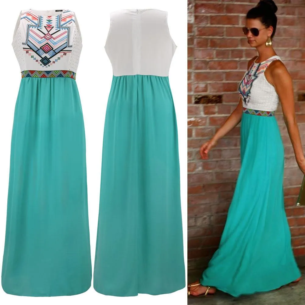 Fashion Flower Print Patchwork Sleeveless Long Bohemian Dresses
