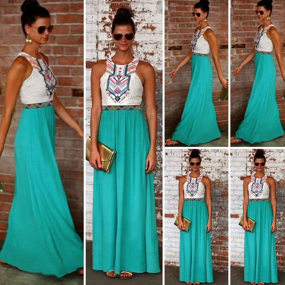 Fashion Flower Print Patchwork Sleeveless Long Bohemian Dresses