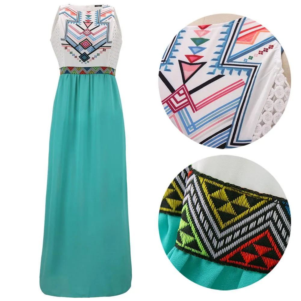 Fashion Flower Print Patchwork Sleeveless Long Bohemian Dresses