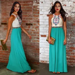 Fashion Flower Print Patchwork Sleeveless Long Bohemian Dresses