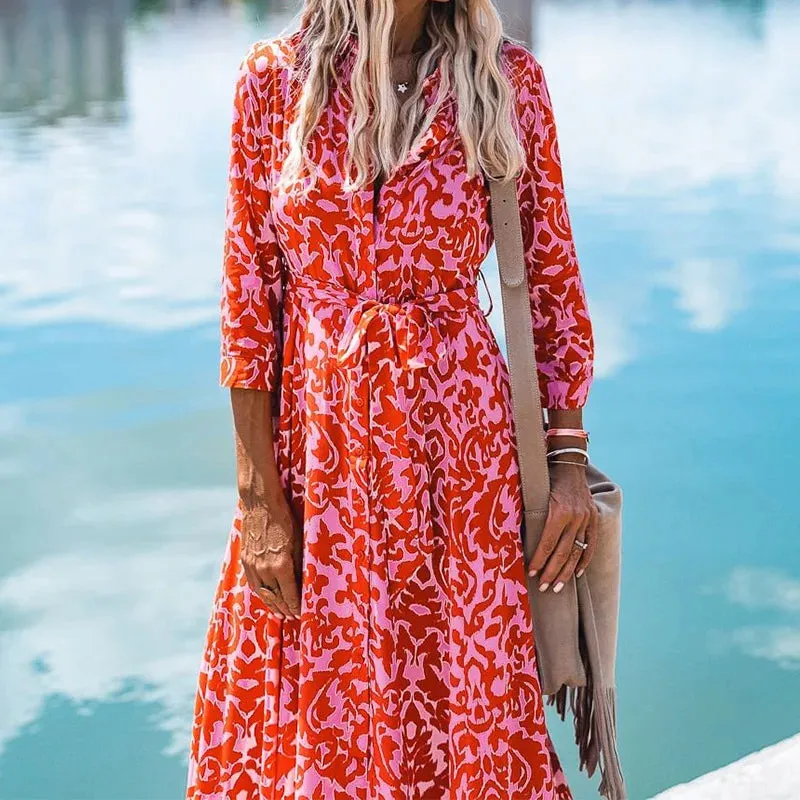 FashionSierra - 2024 Women Floral Print Spring Office Lapel Boho Dress