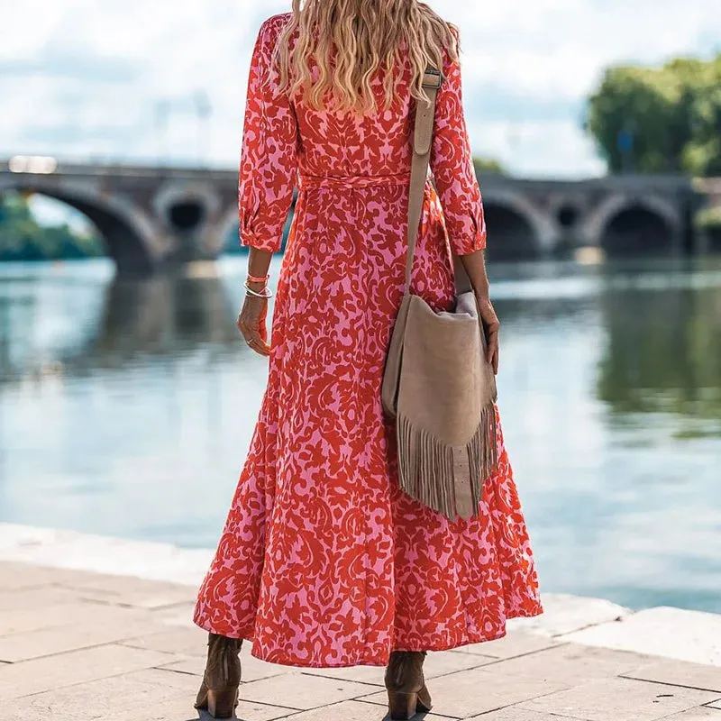 FashionSierra - 2024 Women Floral Print Spring Office Lapel Boho Dress