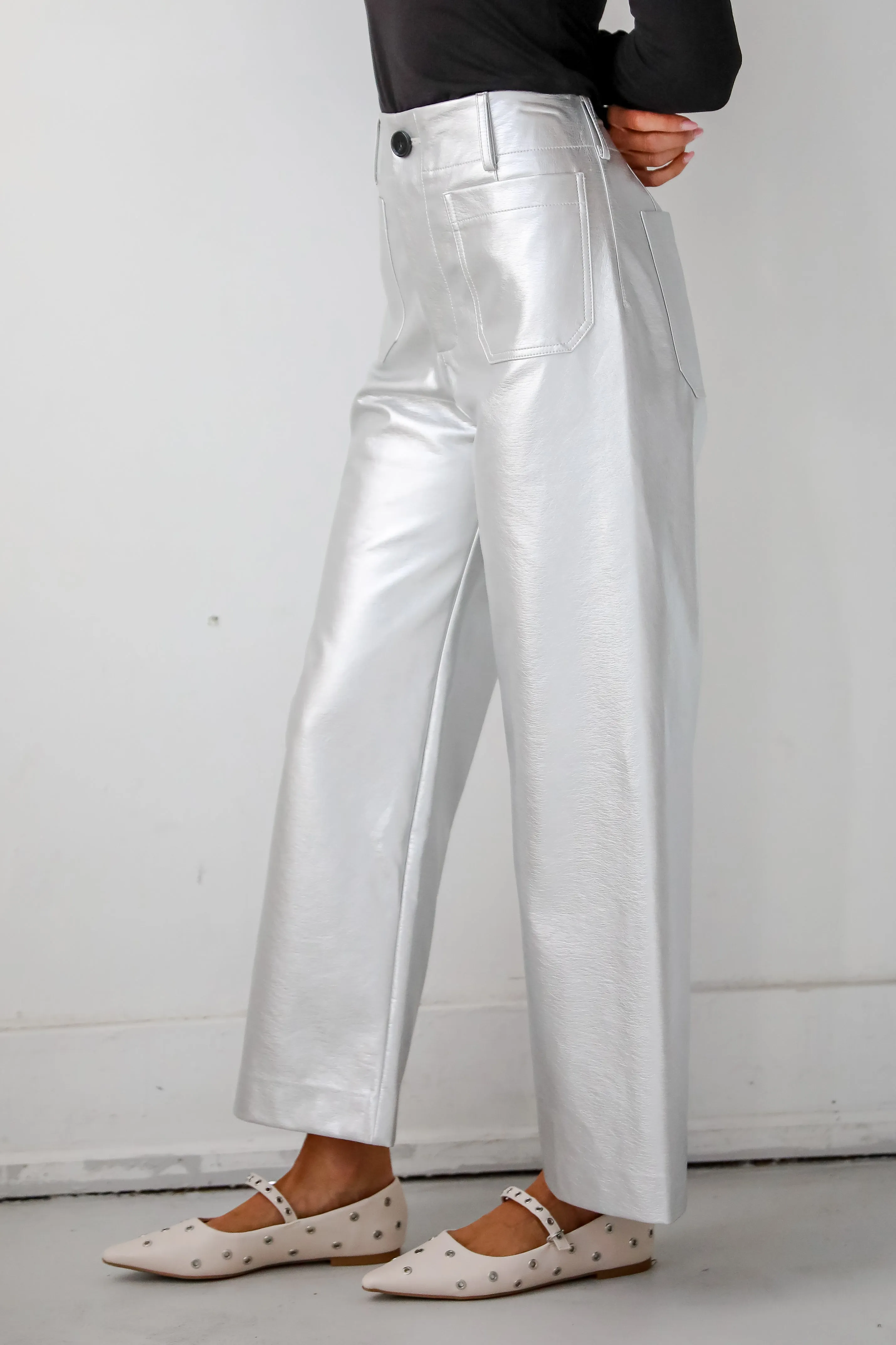 FINAL SALE - Chicest Trend Silver Metallic Leather Wide Leg Pants