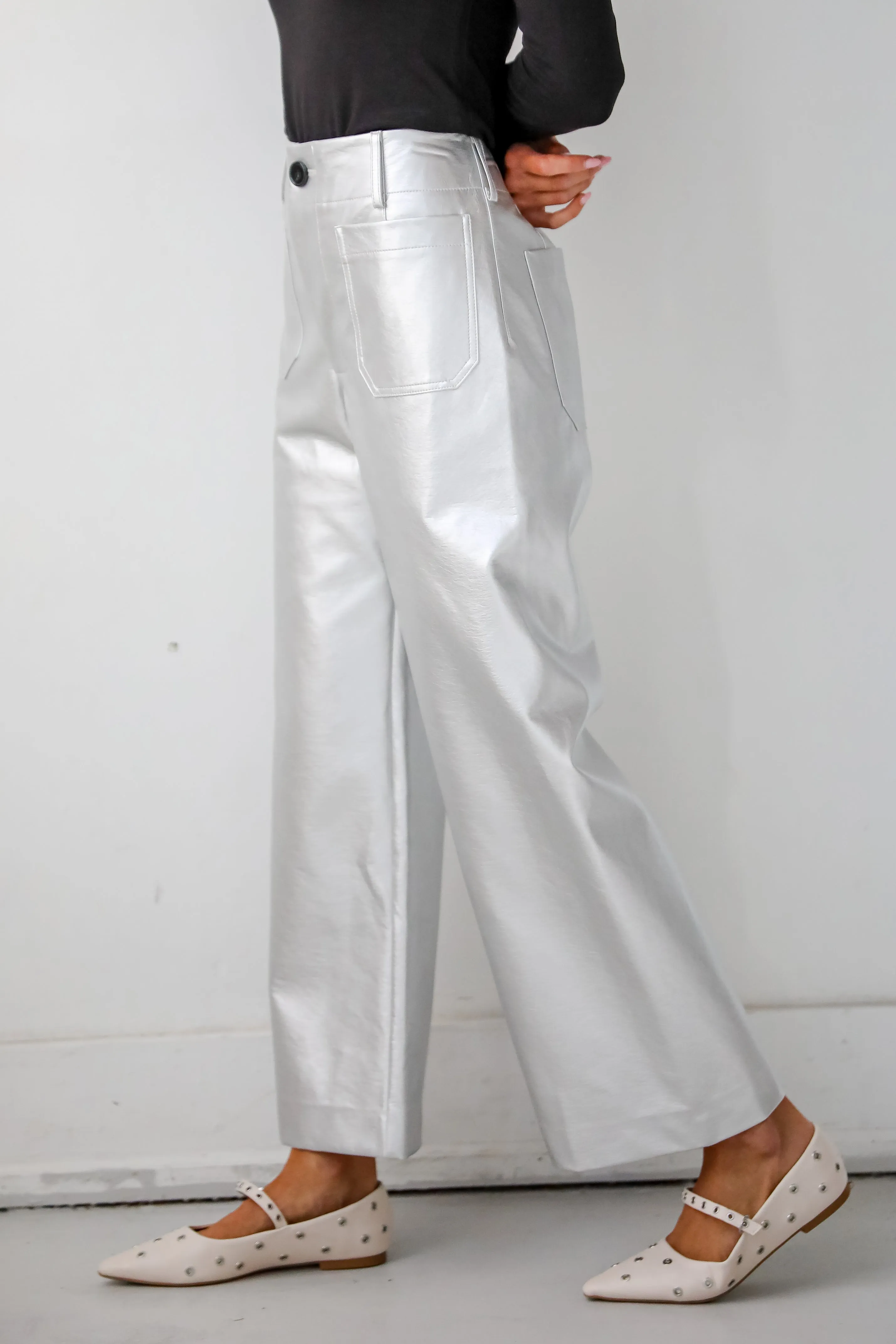 FINAL SALE - Chicest Trend Silver Metallic Leather Wide Leg Pants
