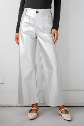 FINAL SALE - Chicest Trend Silver Metallic Leather Wide Leg Pants