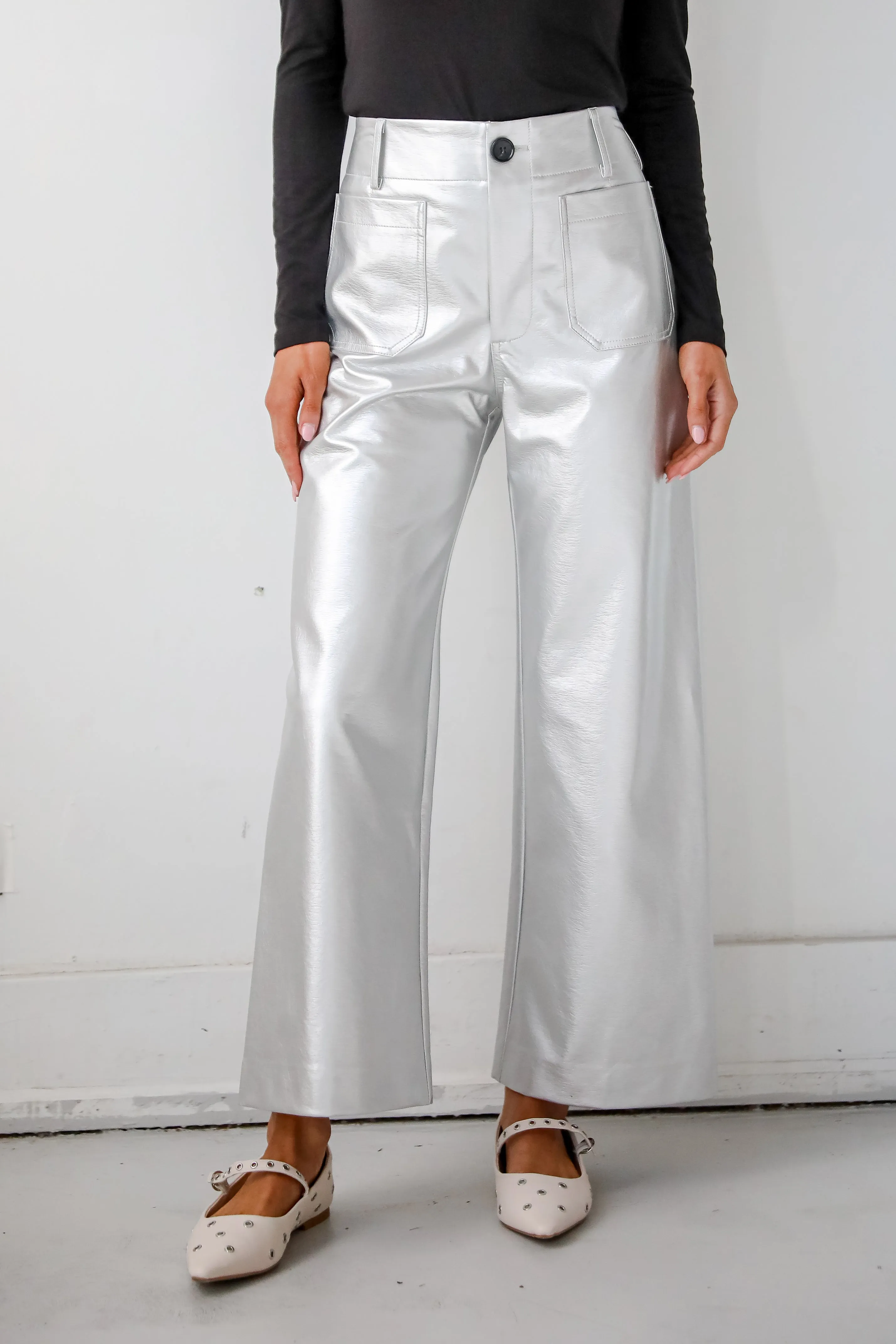 FINAL SALE - Chicest Trend Silver Metallic Leather Wide Leg Pants