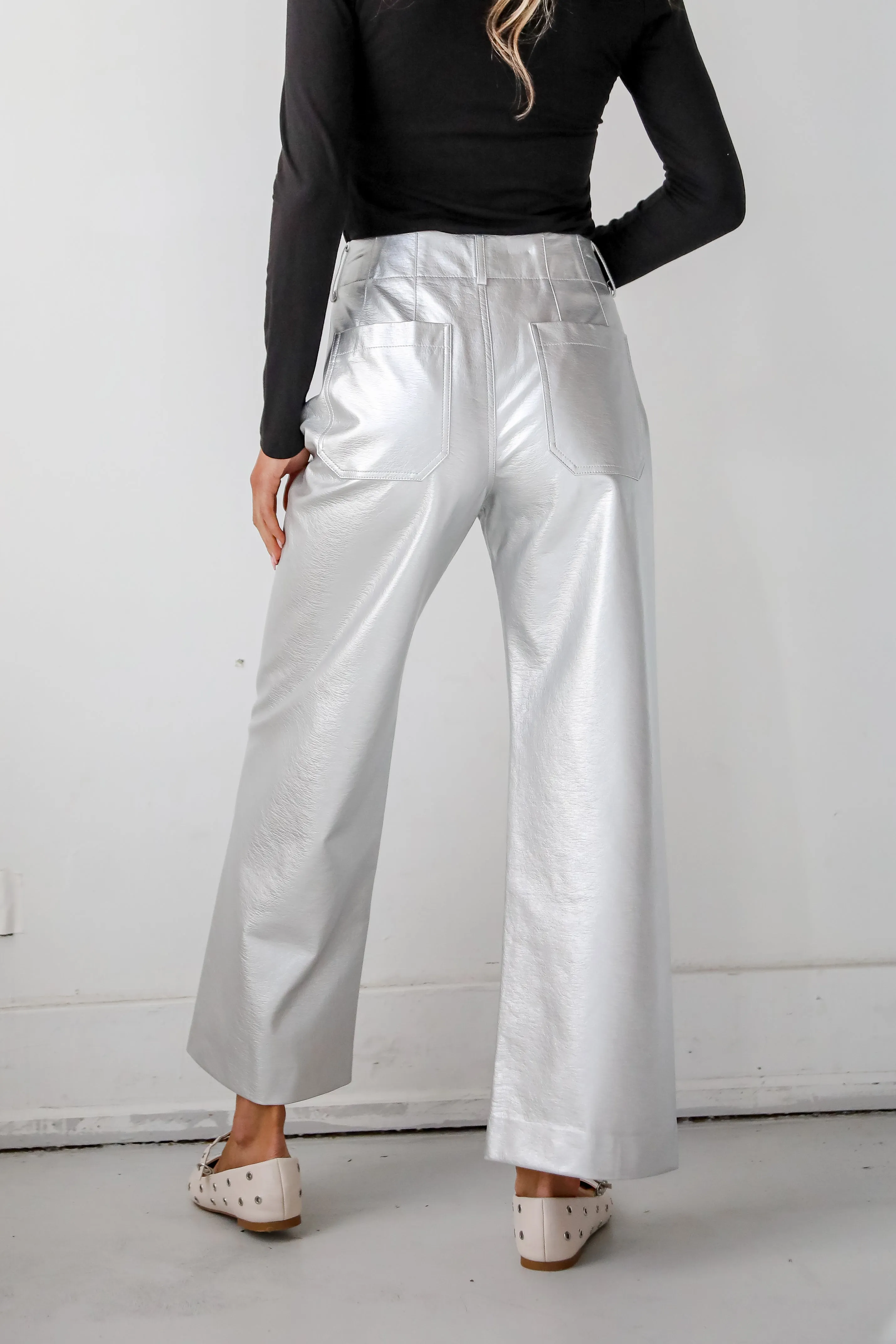 FINAL SALE - Chicest Trend Silver Metallic Leather Wide Leg Pants