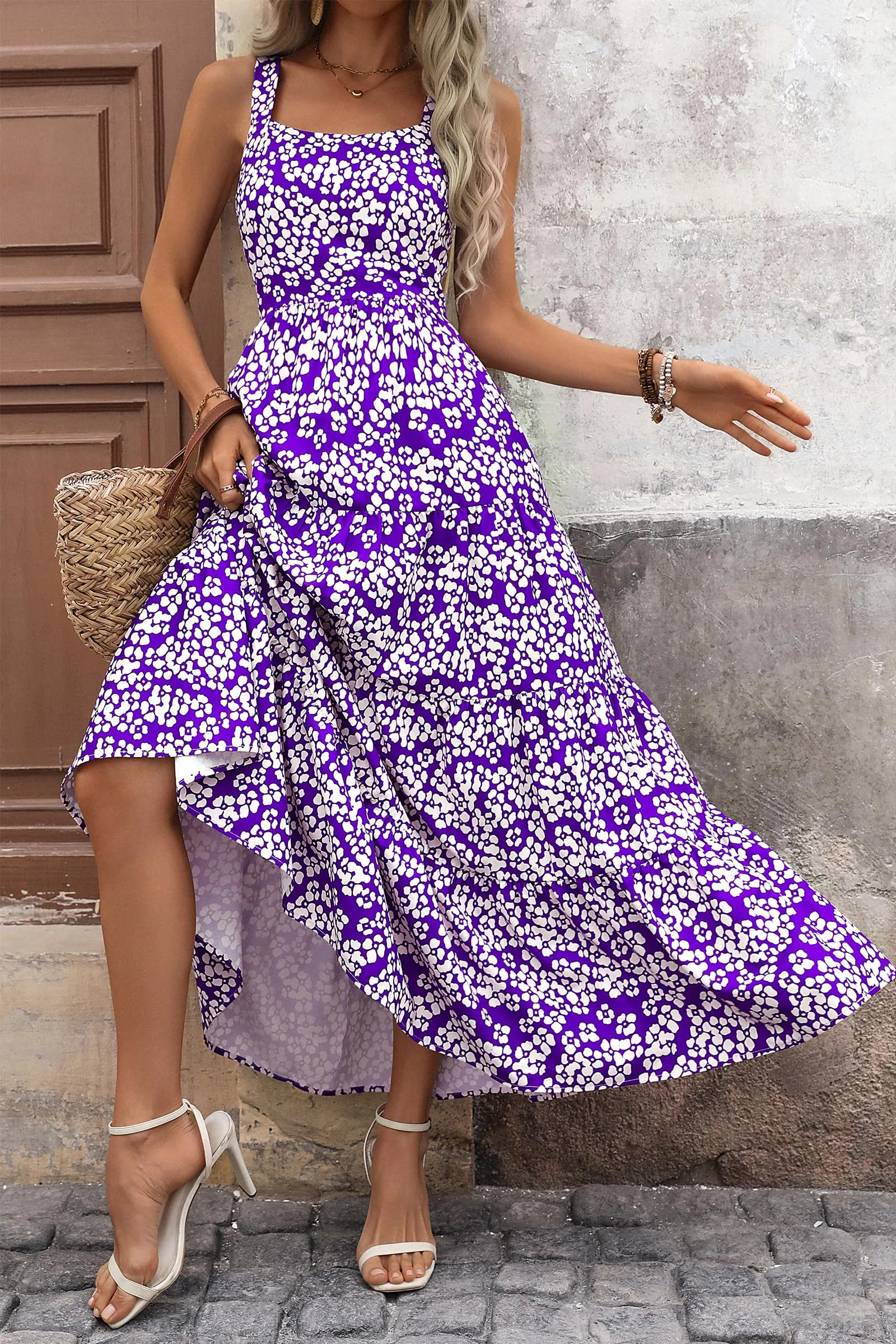 Floral Ruffle Long Flowy Cute Casual Beach Boho Maxi Dresses