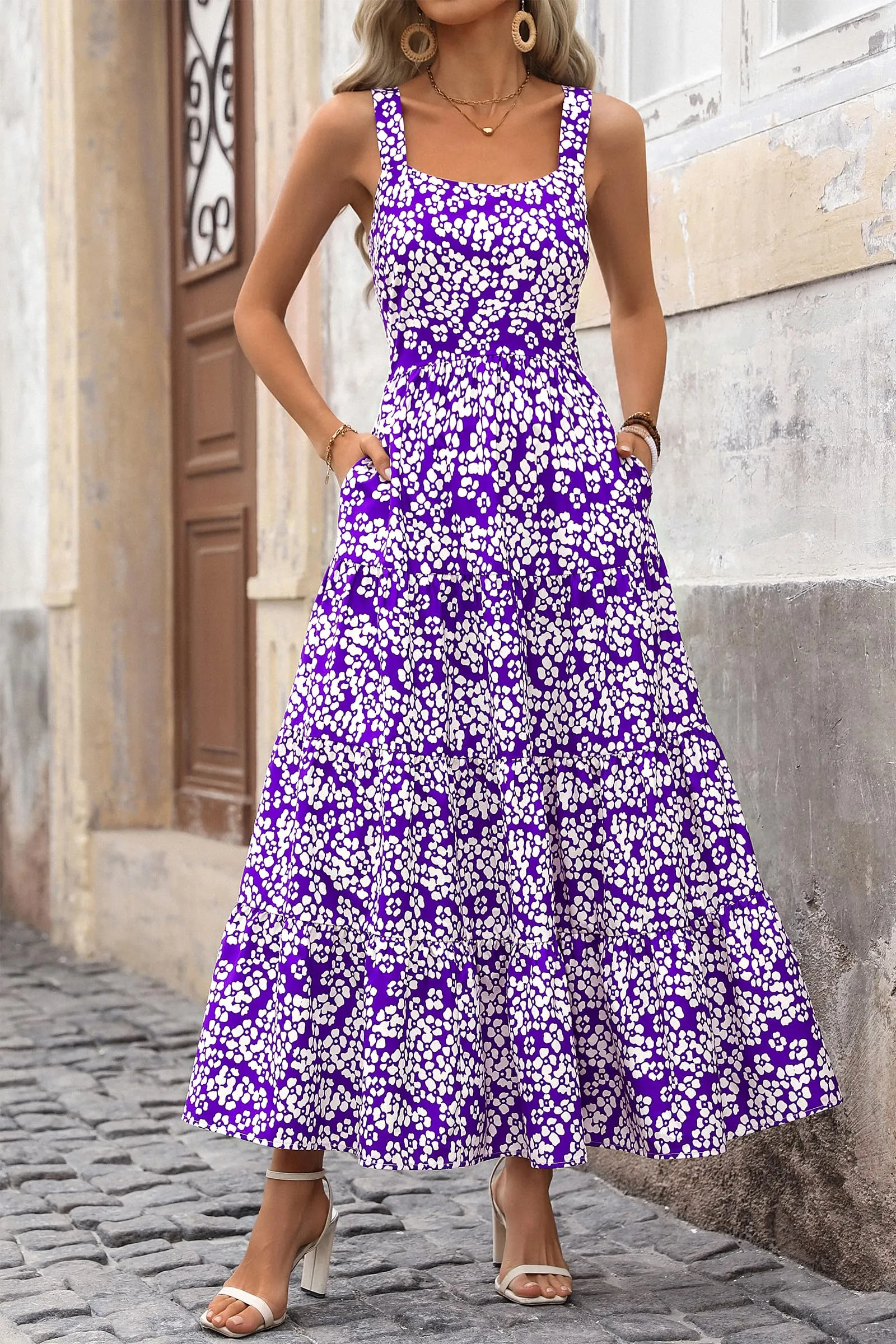 Floral Ruffle Long Flowy Cute Casual Beach Boho Maxi Dresses