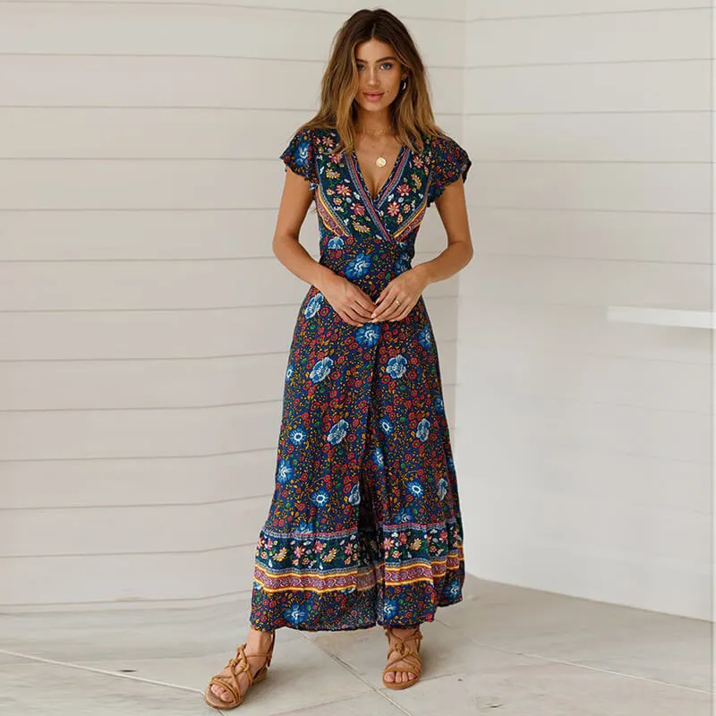Floral Warp Strappy Tie Waist Holiday Dress