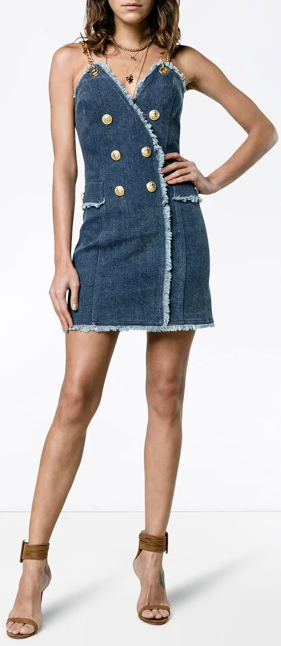 Frayed Denim Mini Dress with Chain Straps