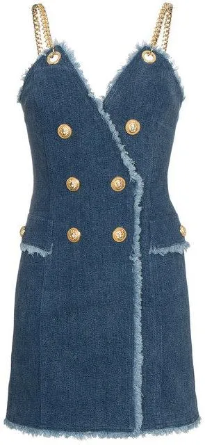 Frayed Denim Mini Dress with Chain Straps