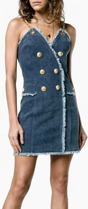 Frayed Denim Mini Dress with Chain Straps