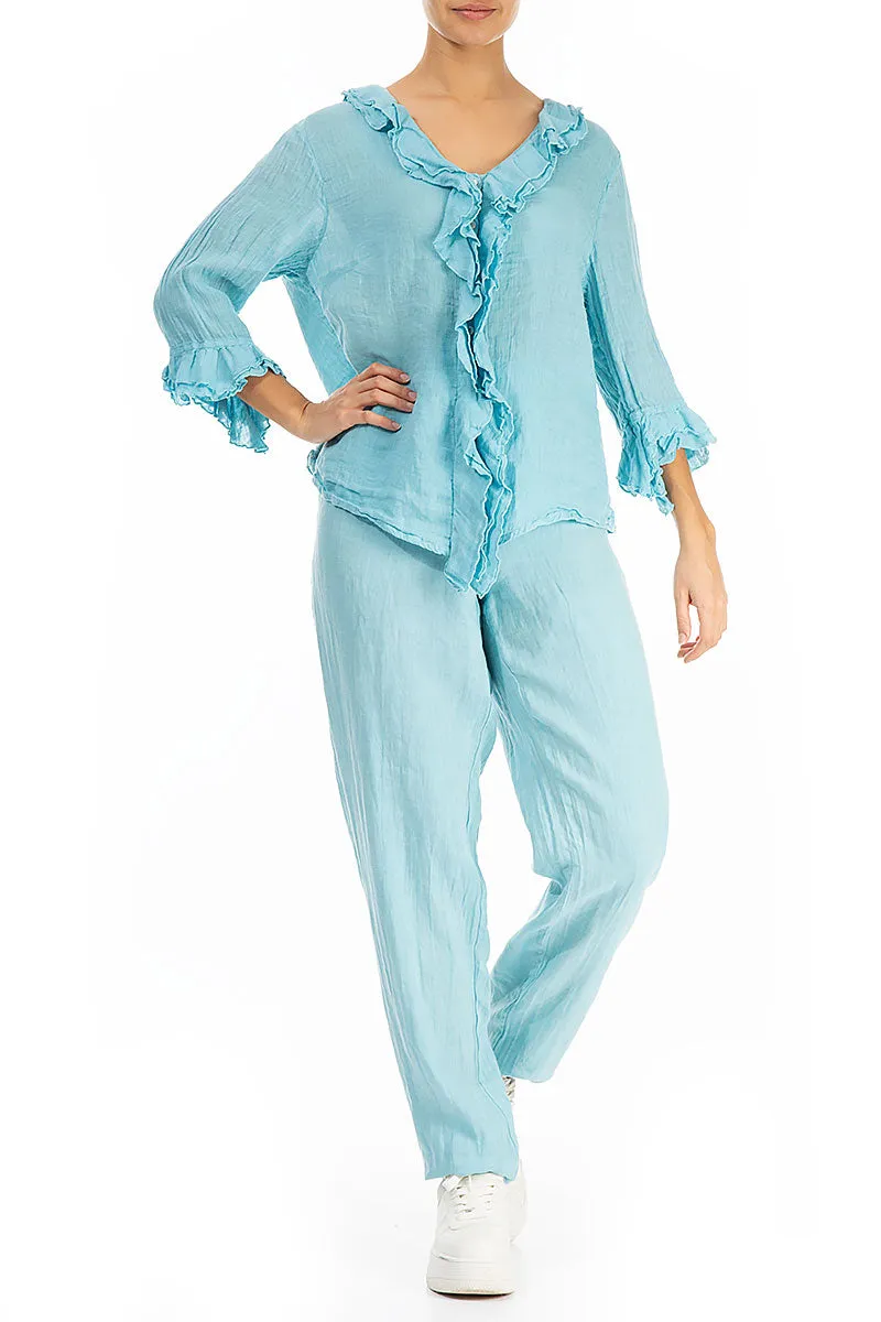 Frilled Ice Blue Linen Blouse