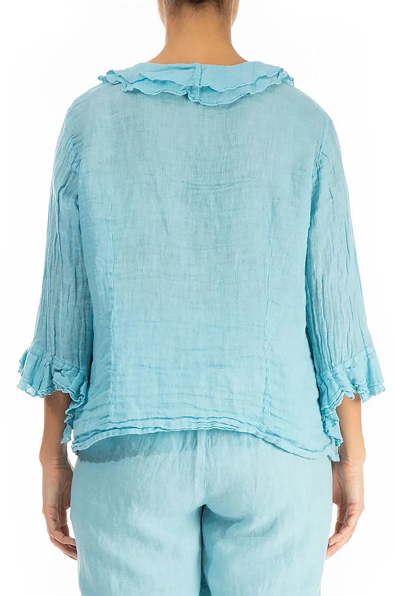 Frilled Ice Blue Linen Blouse