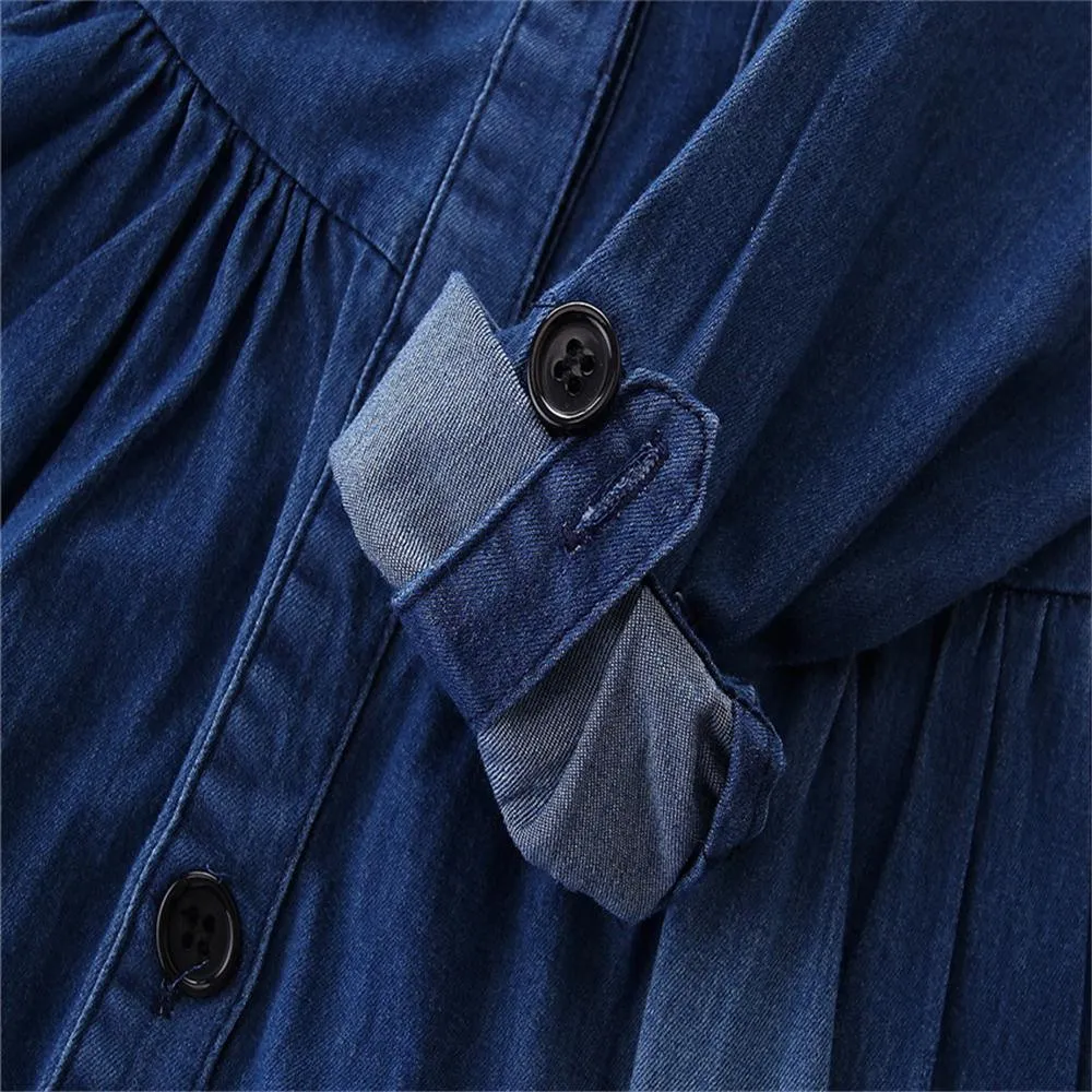 Girls Flower Lapel Long Sleeve Denim Wholesale Girls Dresses
