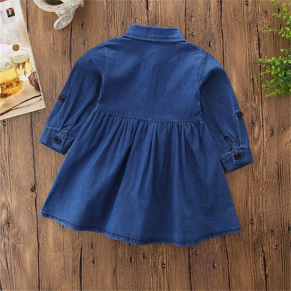 Girls Flower Lapel Long Sleeve Denim Wholesale Girls Dresses