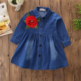 Girls Flower Lapel Long Sleeve Denim Wholesale Girls Dresses