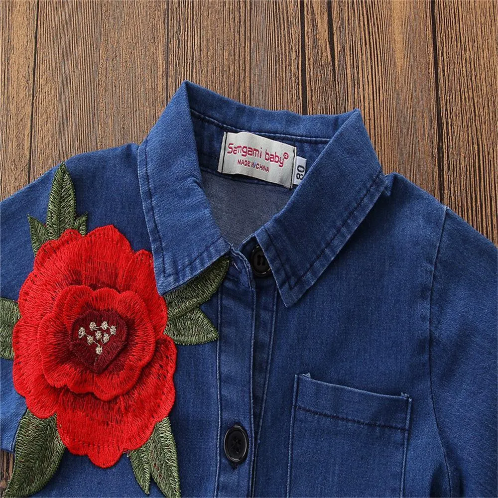 Girls Flower Lapel Long Sleeve Denim Wholesale Girls Dresses