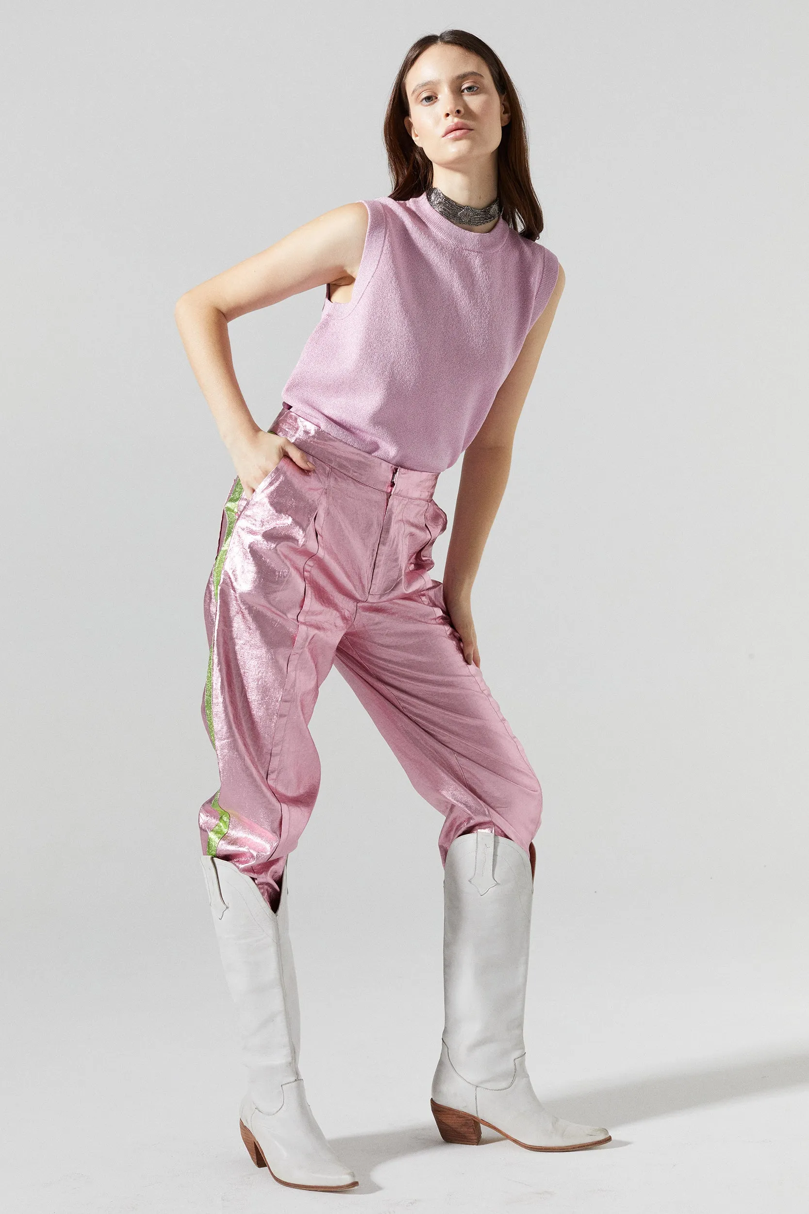 Gramercy Metallic Linen Pants - Pink w/Lime