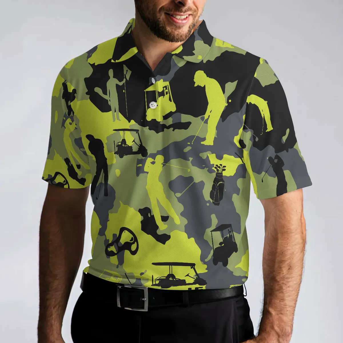 Green And Grey Camouflage Golf Men Polo Shirt, Military Streetwear Polo Shirt, Camo Golf Shirt For Men