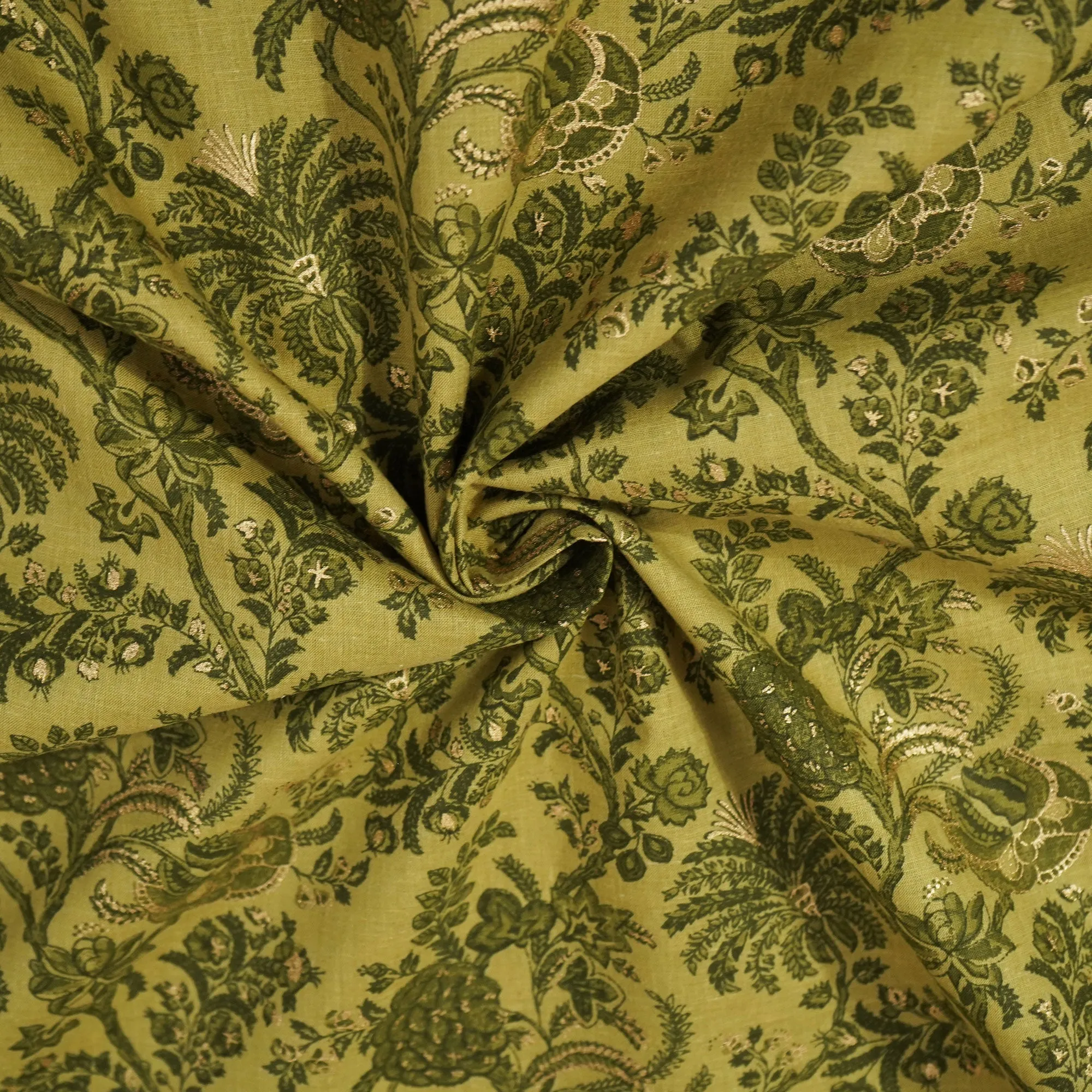 Green Floral Foil Print Cotton Fabric SCF-23857