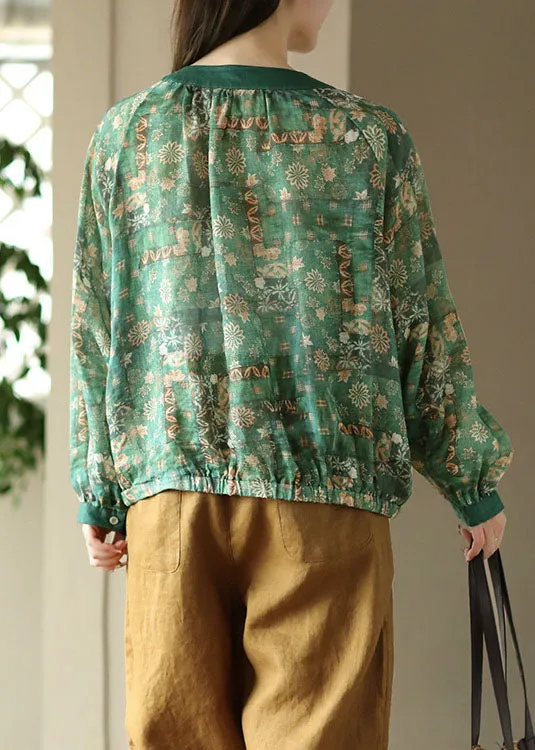 Green Print Patchwork Linen Blouses O Neck Wrinkled Button Spring LY5092