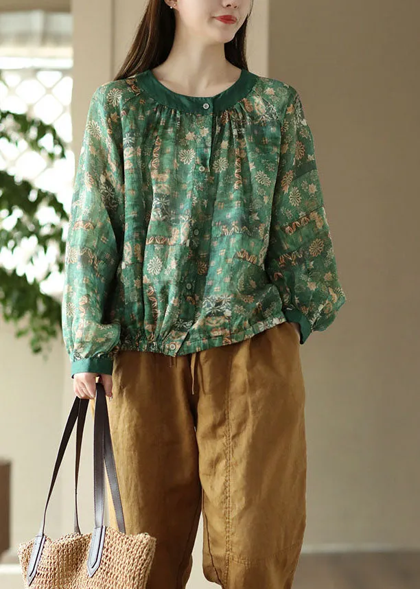 Green Print Patchwork Linen Blouses O Neck Wrinkled Button Spring LY5092