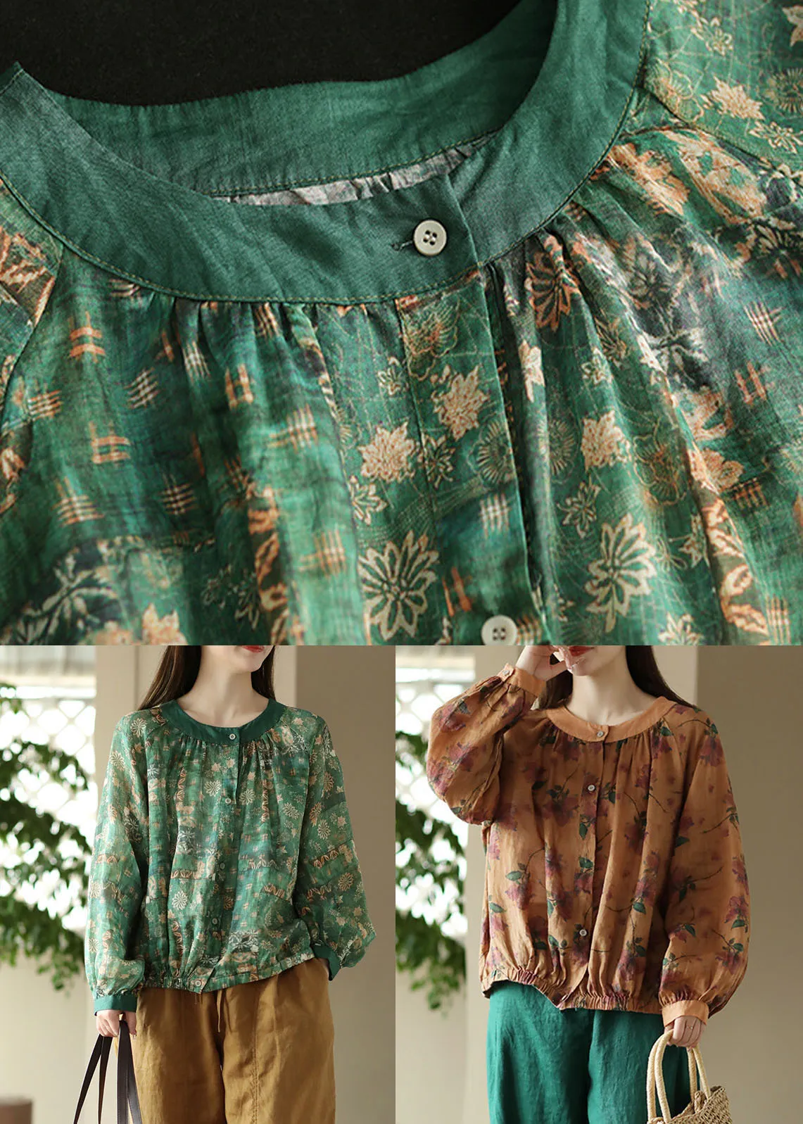 Green Print Patchwork Linen Blouses O Neck Wrinkled Button Spring LY5092