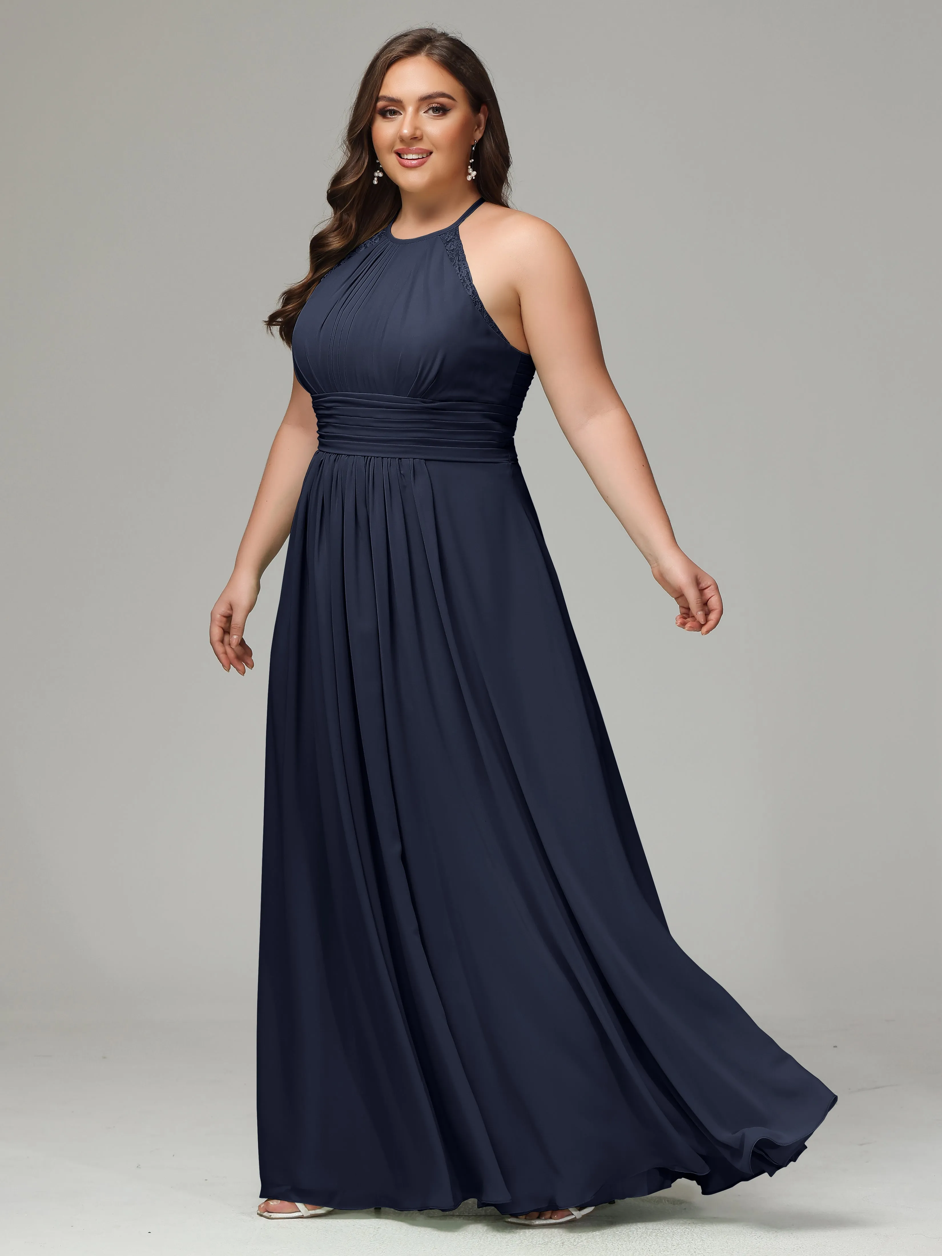 Halter Sleeveless Chiffon Long Plus Bridesmaid Dresses