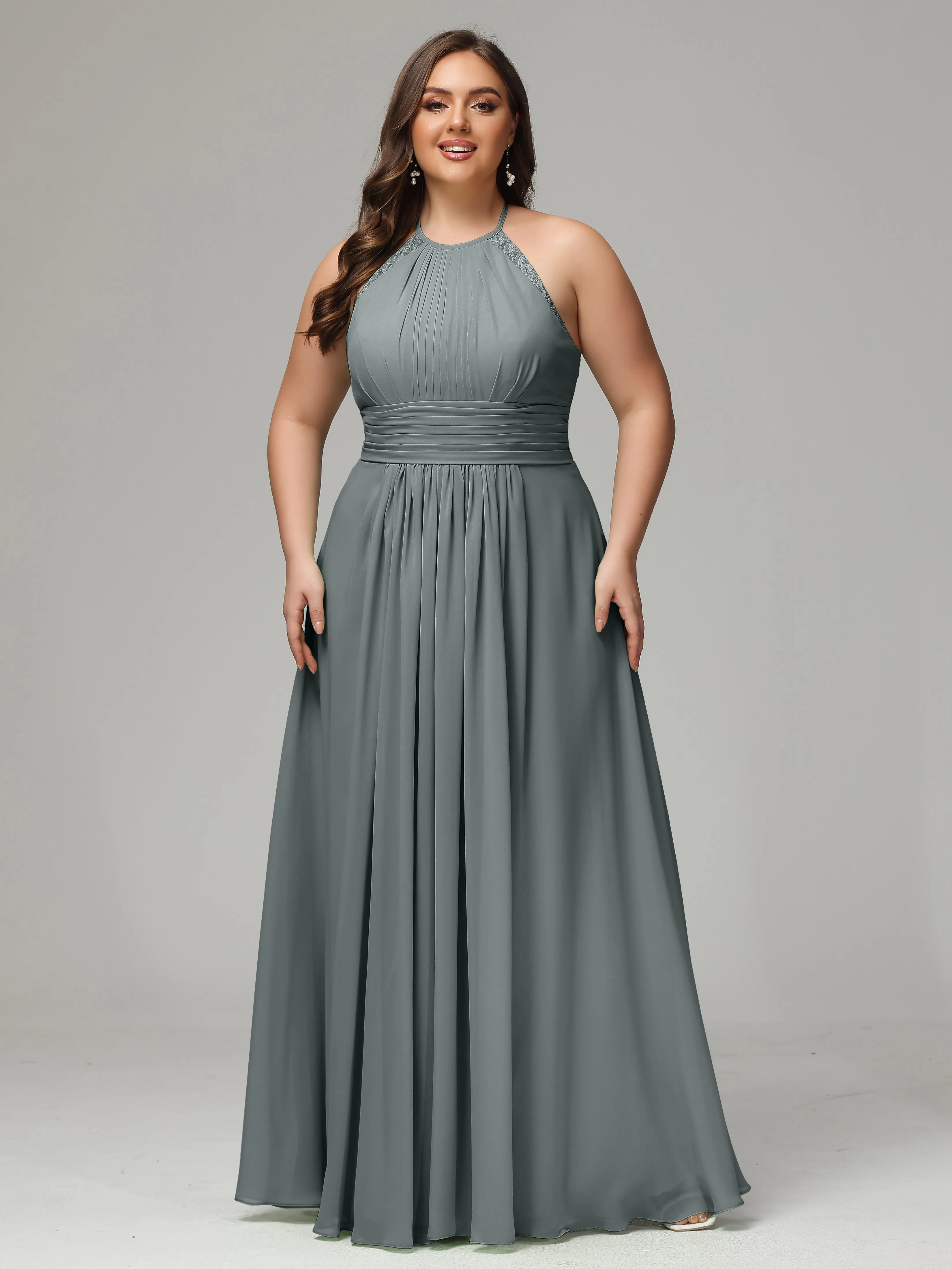 Halter Sleeveless Chiffon Long Plus Bridesmaid Dresses