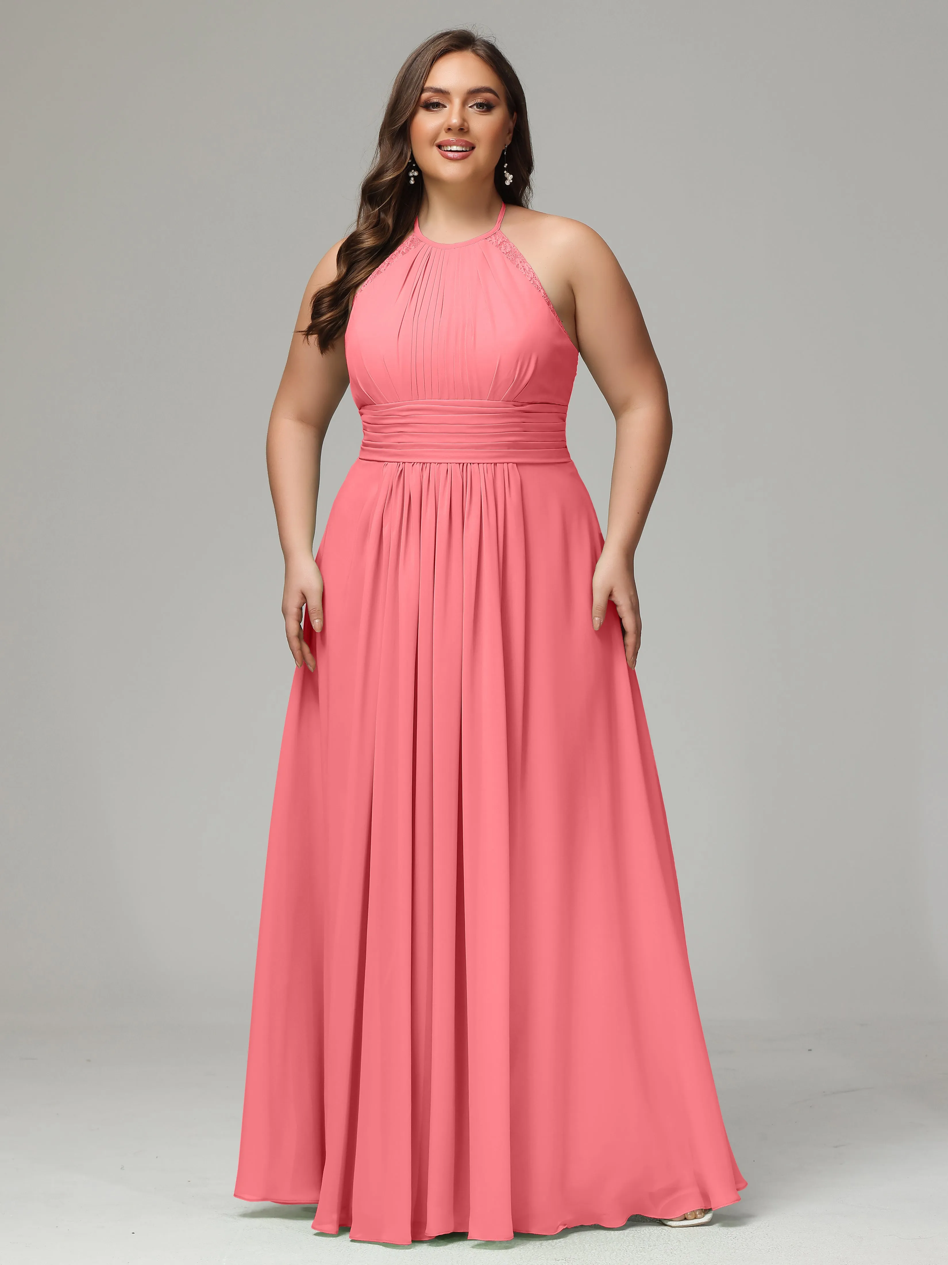 Halter Sleeveless Chiffon Long Plus Bridesmaid Dresses