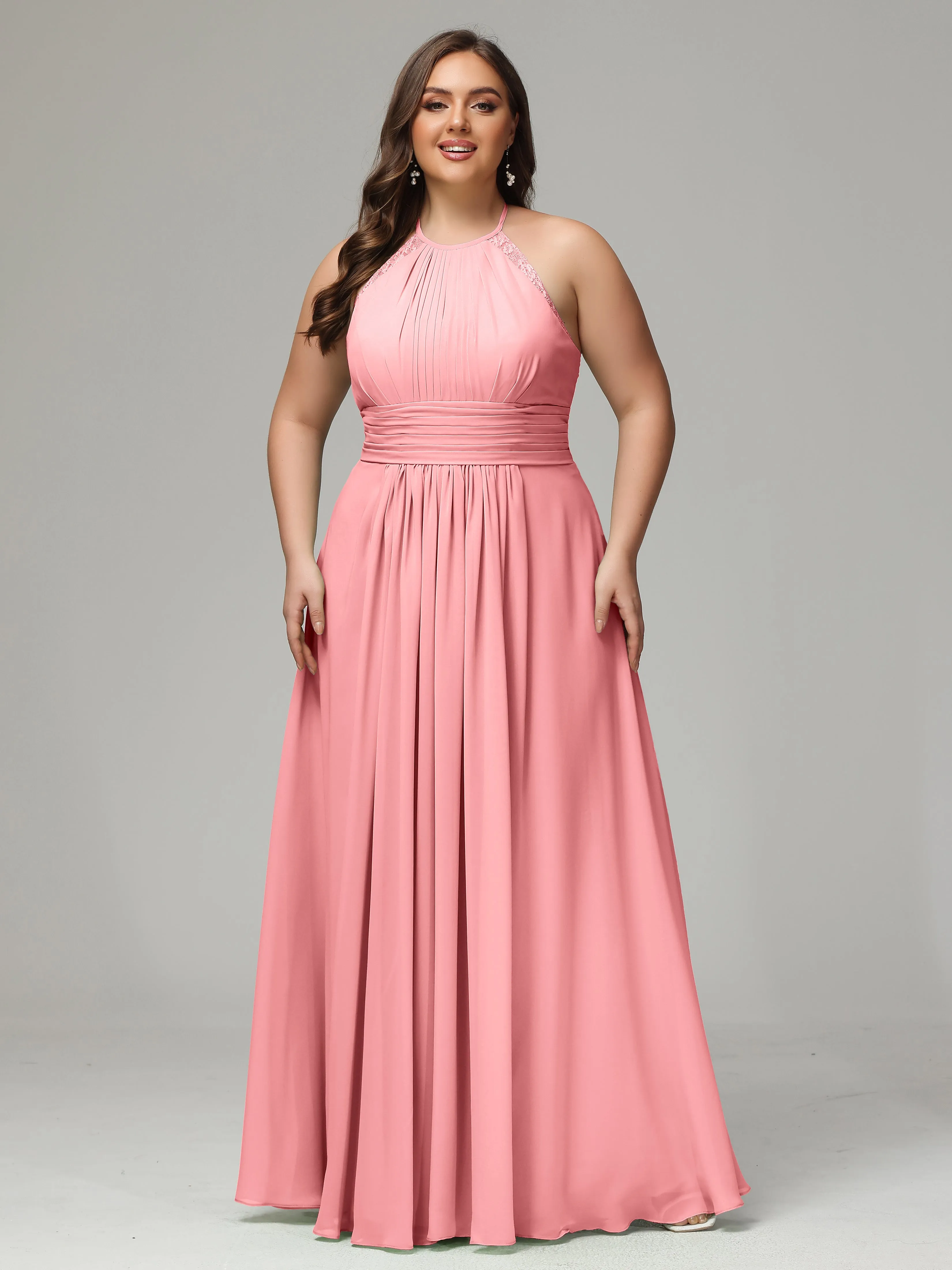 Halter Sleeveless Chiffon Long Plus Bridesmaid Dresses