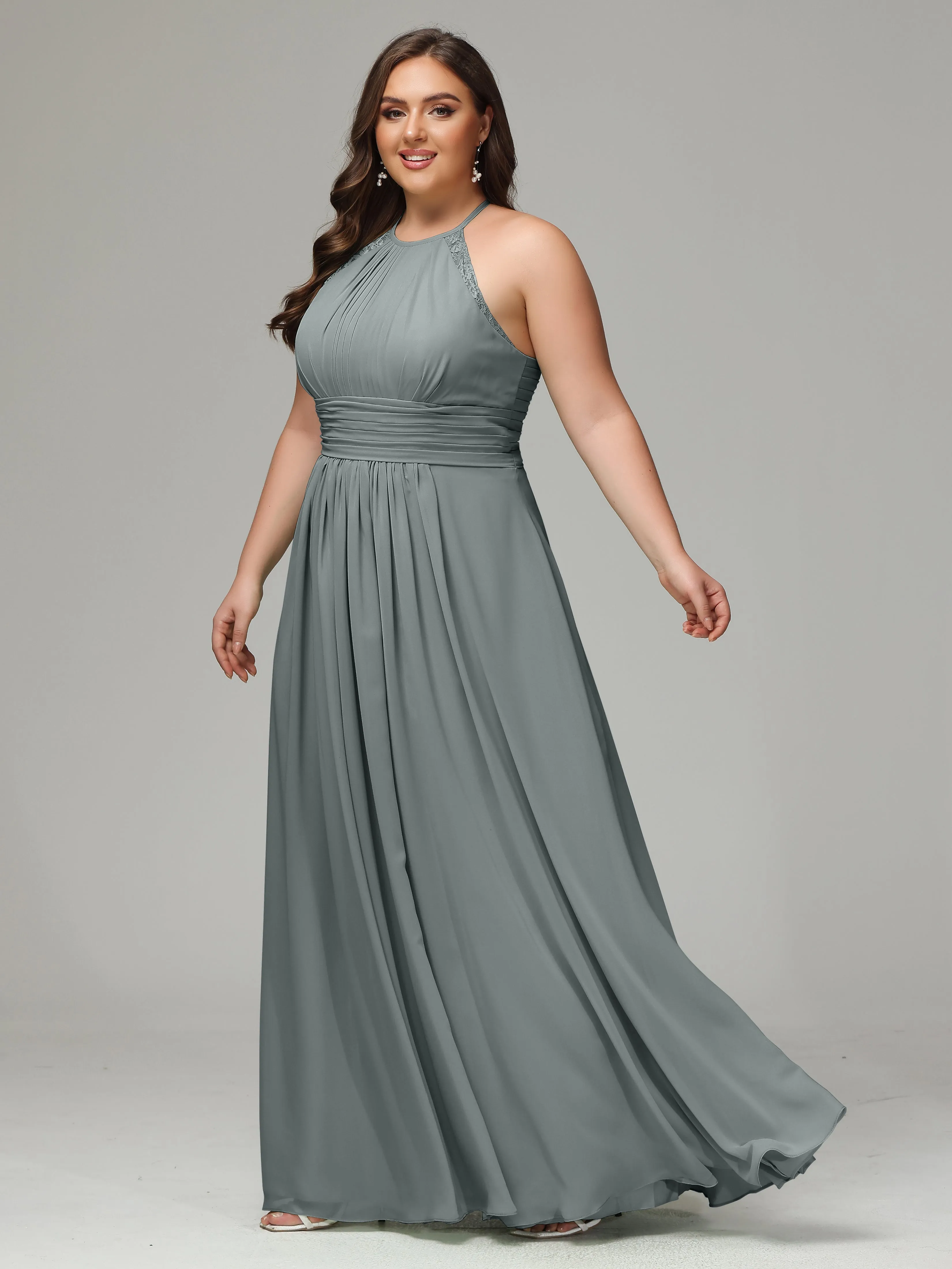 Halter Sleeveless Chiffon Long Plus Bridesmaid Dresses