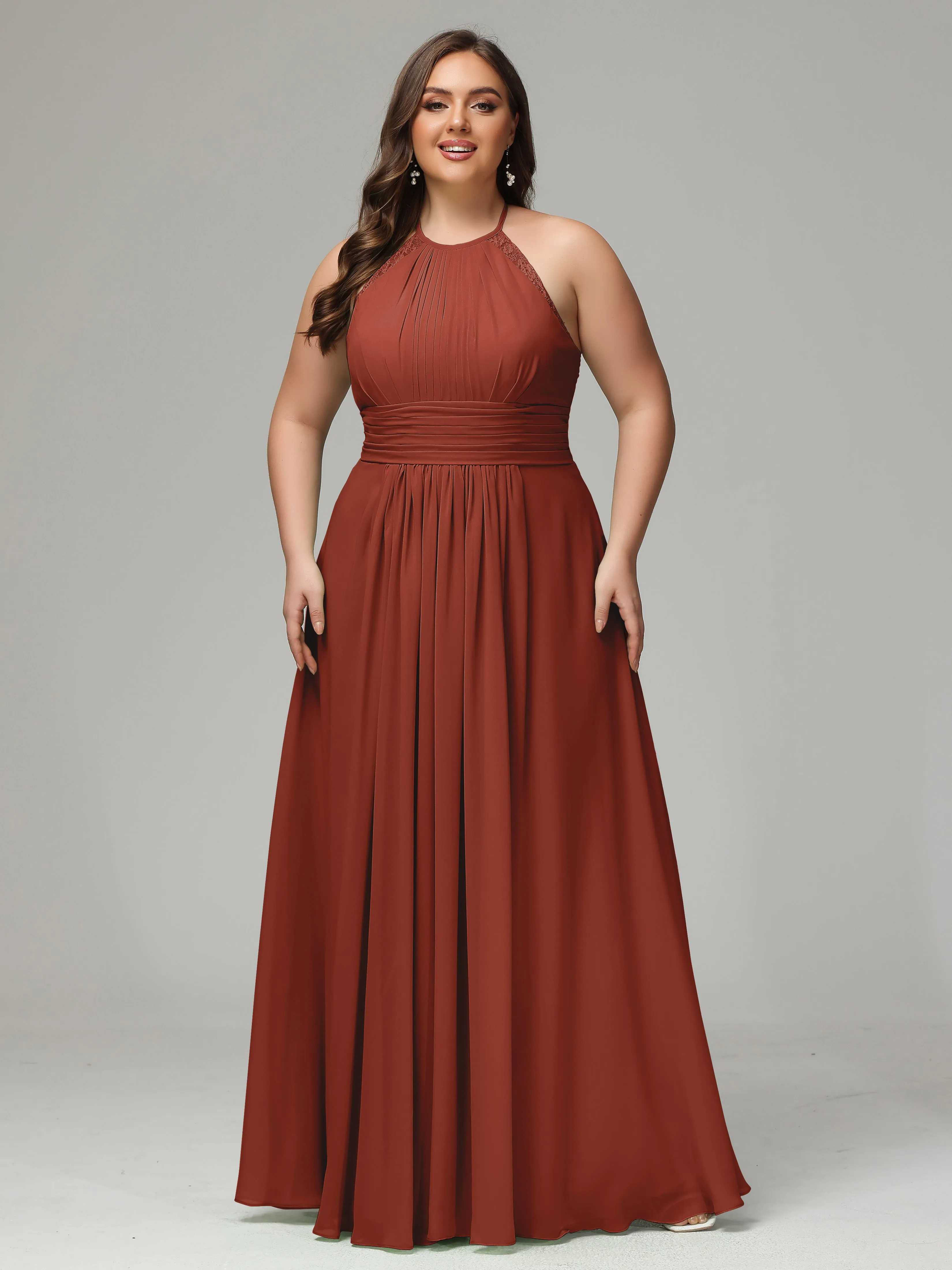 Halter Sleeveless Chiffon Long Plus Bridesmaid Dresses