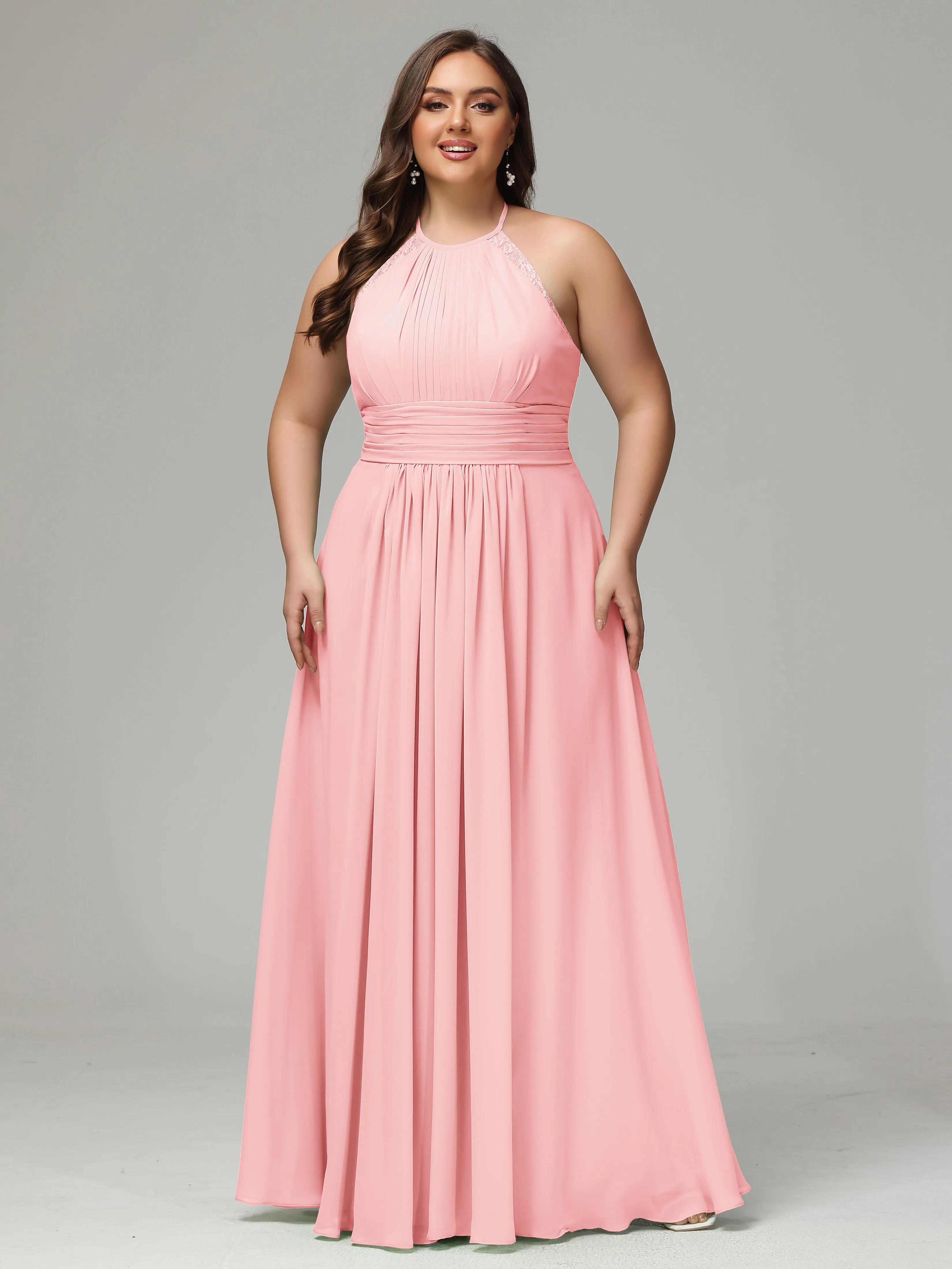 Halter Sleeveless Chiffon Long Plus Bridesmaid Dresses