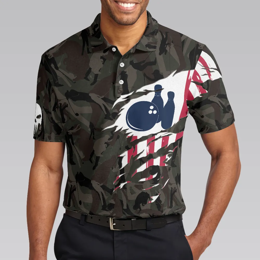 Hand Instruction American Flag Camouflage Bowling Men Polo Shirt, Camo Bowling Shirt For Men, Gift For Patriot Veteran