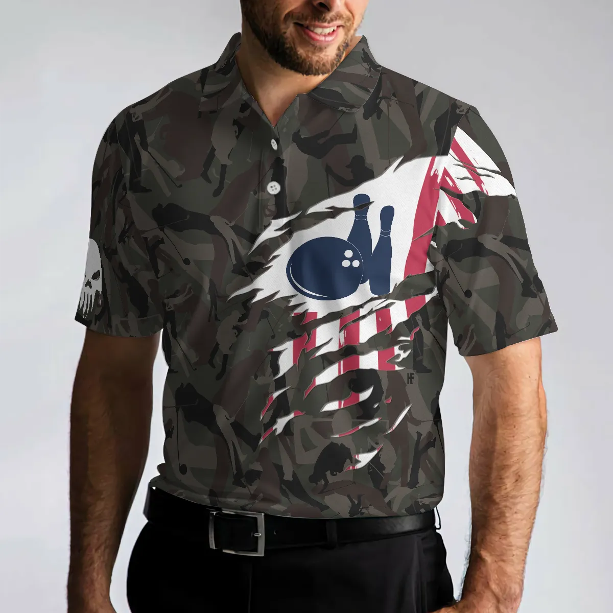 Hand Instruction American Flag Camouflage Bowling Men Polo Shirt, Camo Bowling Shirt For Men, Gift For Patriot Veteran