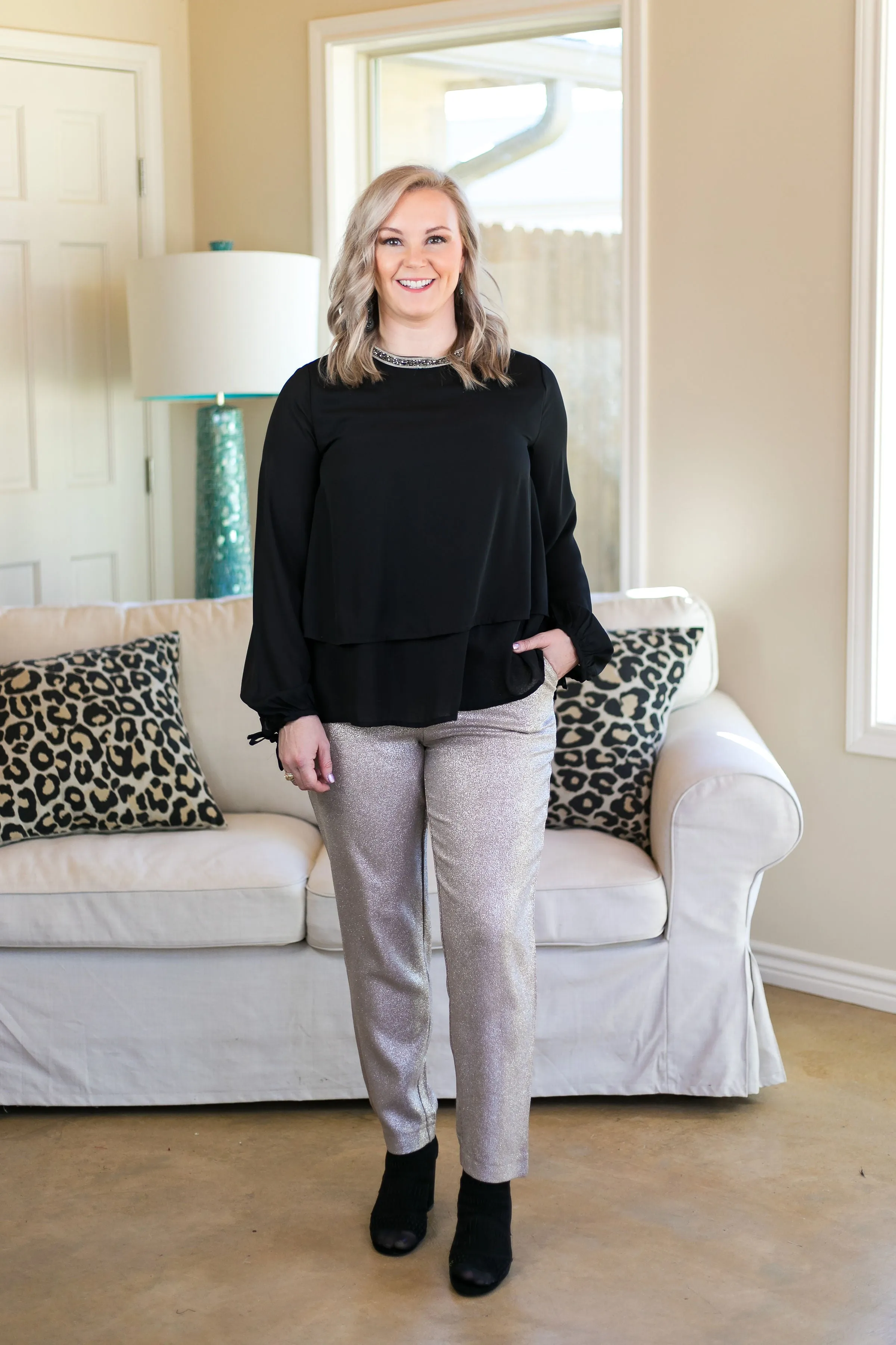 Heartbreak Girl Metallic Pleated Pants in Silver