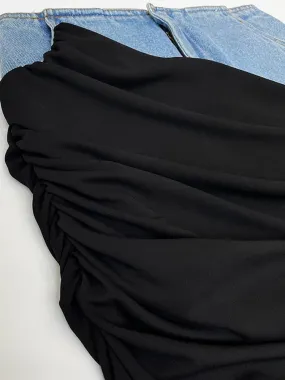 High Waist Deconstruct Patchwork Panelled Asymmetry Denim Pleated Pockets Long Skirt