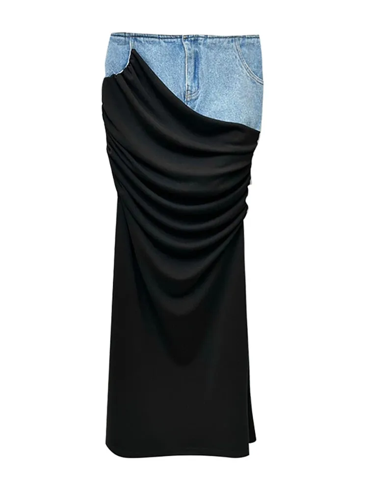 High Waist Deconstruct Patchwork Panelled Asymmetry Denim Pleated Pockets Long Skirt