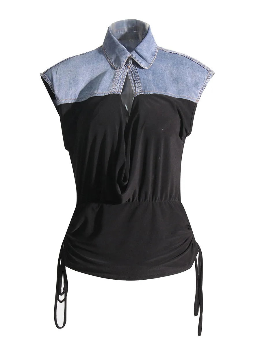 High Waist Deconstruct Patchwork Panelled Asymmetry Denim Pleated Pockets Long Skirt