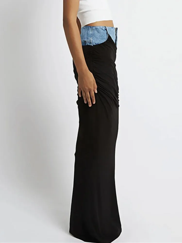 High Waist Deconstruct Patchwork Panelled Asymmetry Denim Pleated Pockets Long Skirt