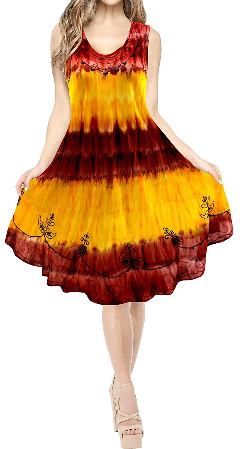 LA LEELA Women's Summer Casual Sleeveless Loose Swing T-Shirt Beach Sundress Rayon Tie Dye A