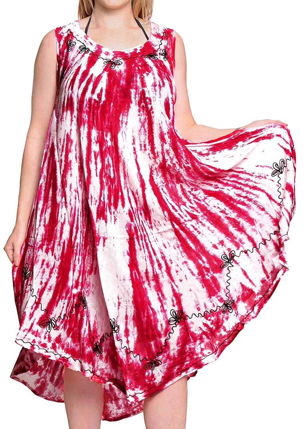 LA LEELA Women's Summer Casual Sleeveless Loose Swing T-Shirt Beach Sundress Rayon Tie Dye A