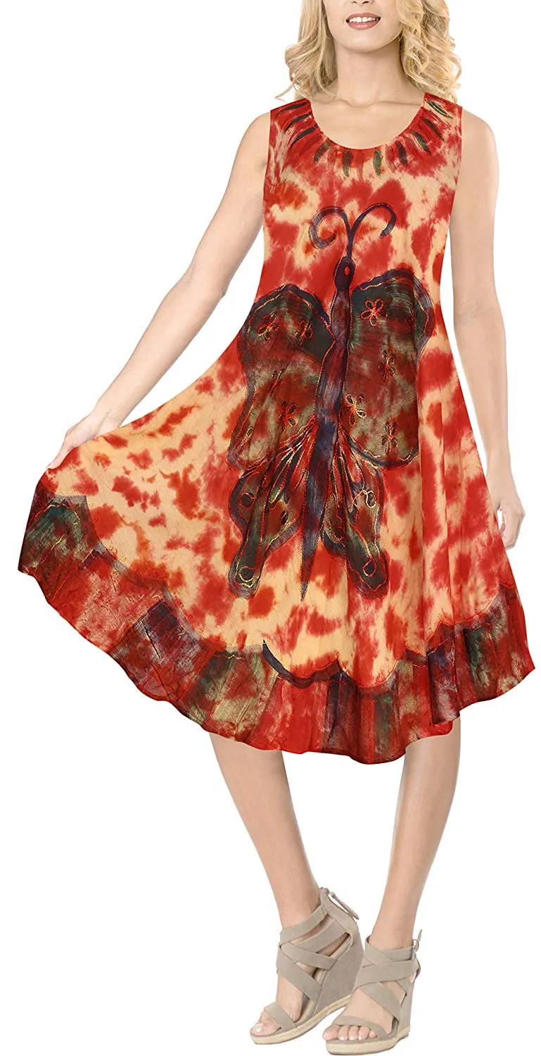 LA LEELA Women's Summer Casual Sleeveless Loose Swing T-Shirt Beach Sundress Rayon Tie Dye A
